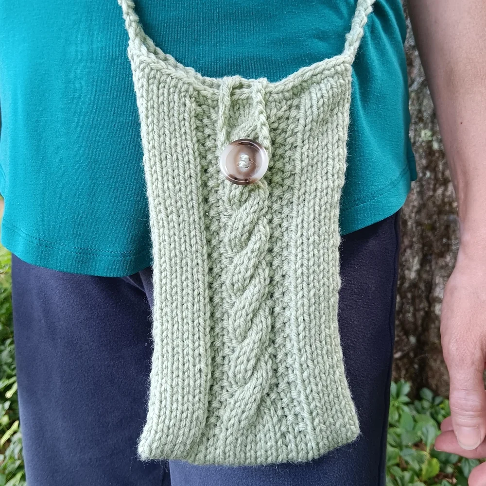 Handmade Handknit Sage Green Cableknit Crossbody Cell Phone Bag